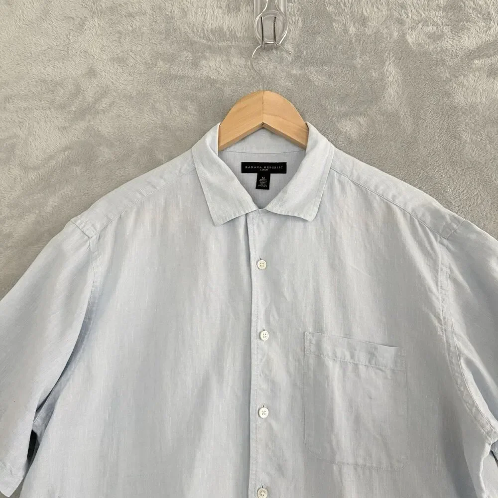 Banana Republic 100% Linen Shirt Mens M Blue Short Sleeve Button Down